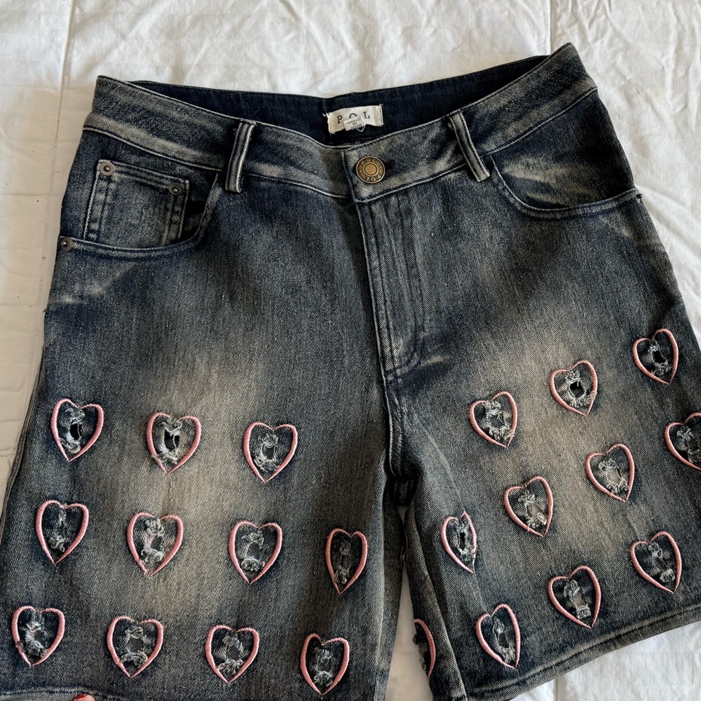 POL Embroidered Distressed Hearts Dark Denim Shorts, S